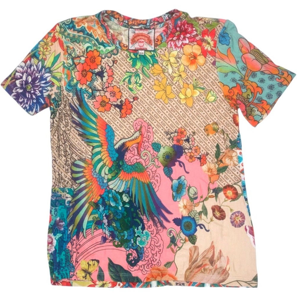 Johnny Was Los Angeles Favorite Color block Patchwork Floral Bird Bamboo Tee S